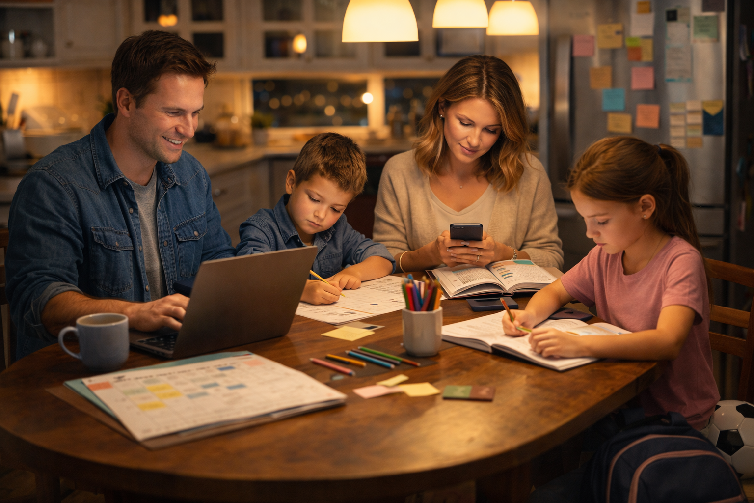 Family coordinating homework, schedules, and activities together at the kitchen table